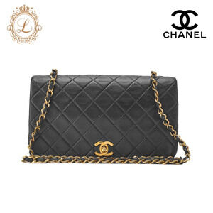 Chanel Matelasse Shoulder Bag Black Lambskin Full Flap Turn Lock